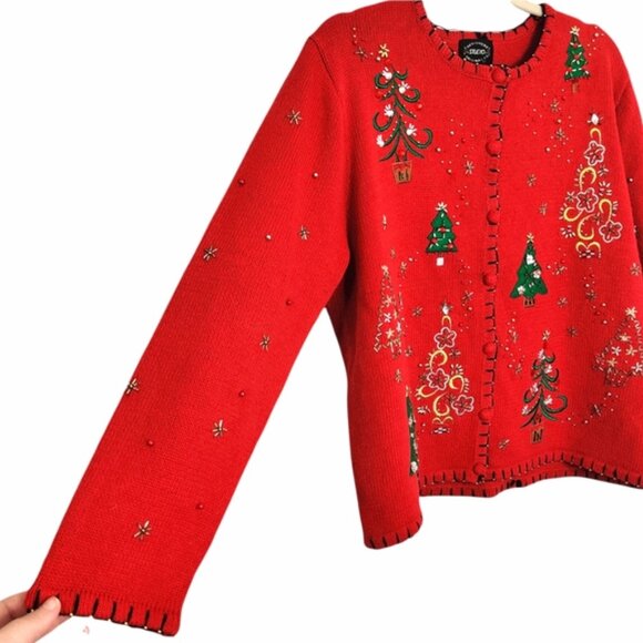 Designer Studios Original Christmas Tree Ugly Christmas Sweater Cardigan EUC L - Picture 2 of 11